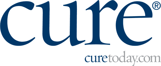 A green background with blue letters that say cure.